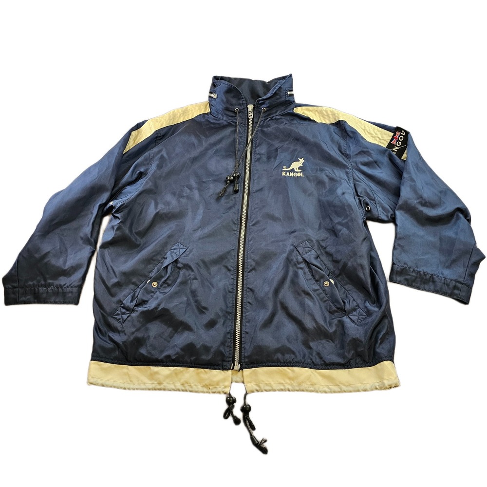 Vintage Kangol Windbreaker Jacket Mens Large Navy Cream Waterproof Hooded Zip-Up
